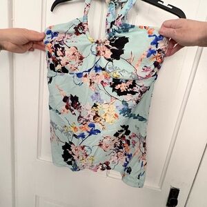 Hapari Light Aqua Floral Halter Tankini style Swimsuit Top